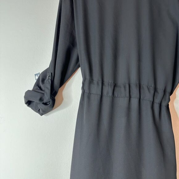 ReVamped Black Flowy Roll Tab Sleeve Tie Waist Waterfall Neck Wrap Dress Small - Picture 6 of 14